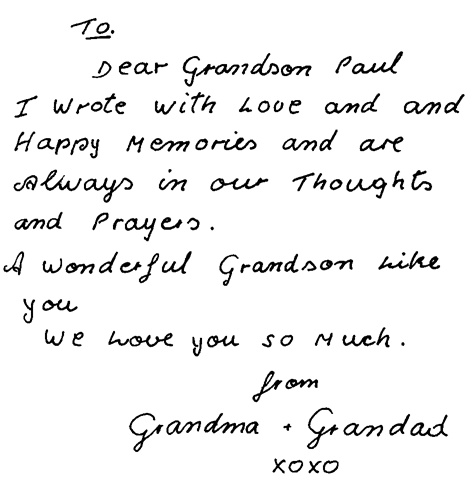 The message inside the cover of the book containing all her recipes that she wrote for me.